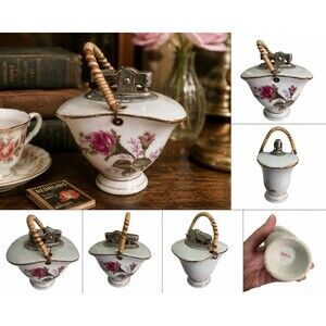 Vintage Ceramic Table Lighter Japan Rose Floral Mid Century Tobacciana